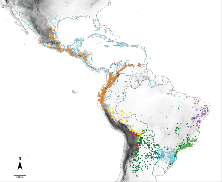 Georeferenced collection points of all wild Capsicum species, colored by clade